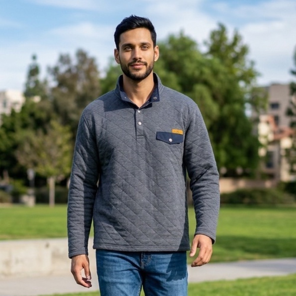 Simply Southern Mens Quilted Pullover Gray Navy Blue Quarter Snap‎ Mock Neck XL